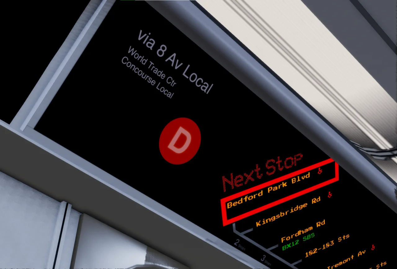 R160 FIND display shows a D train via 8 Av and Concouse.
